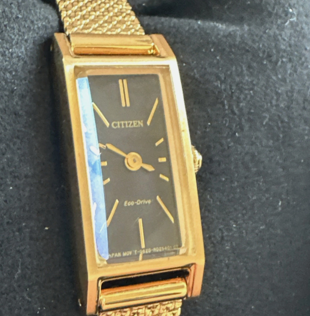 Citizen Fio Eco-Drive Rectangle Gold Tone Black Dial Womens Watch EG7128-59E